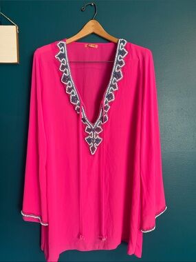 Maui Sun- Hot Pink Deep-V Beaded Women's Cover- Up Top